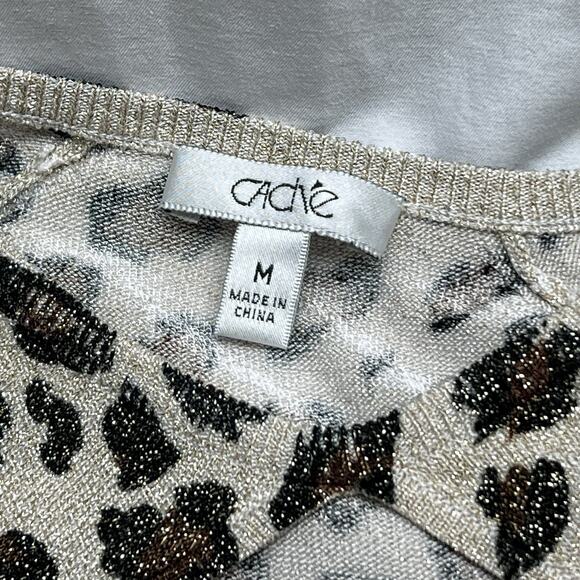 Cache Animal Print Long Sleeve Gathered Keyhole Neckline M Brown Gold Metallic - Picture 4 of 8